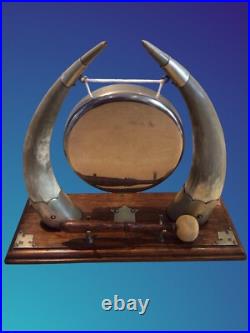 Antique Edwardian English Dinner Gong Horn Brass Oak Plinth Brass/ Gold Vintage