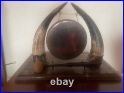 Antique Edwardian English Dinner Gong Horn Brass Oak Plinth Brass/ Gold Vintage