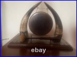 Antique Edwardian English Dinner Gong Horn Brass Oak Plinth Brass/ Gold Vintage