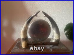 Antique Edwardian English Dinner Gong Horn Brass Oak Plinth Brass/ Gold Vintage