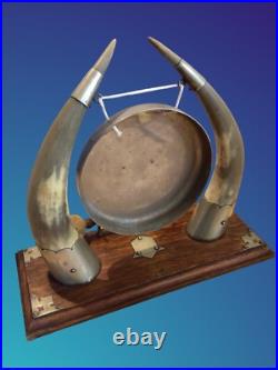 Antique Edwardian English Dinner Gong Horn Brass Oak Plinth Brass/ Gold Vintage