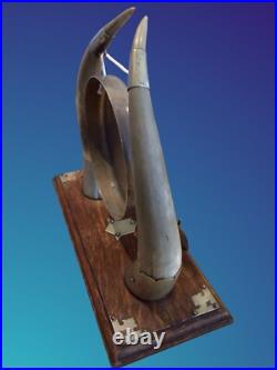 Antique Edwardian English Dinner Gong Horn Brass Oak Plinth Brass/ Gold Vintage