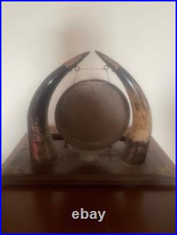 Antique Edwardian English Dinner Gong Horn Brass Oak Plinth Brass/ Gold Vintage