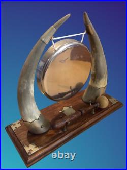 Antique Edwardian English Dinner Gong Horn Brass Oak Plinth Brass/ Gold Vintage