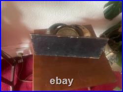 Antique Edwardian English Dinner Gong Horn Brass Oak Plinth Brass/ Gold Vintage