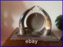Antique Edwardian English Dinner Gong Horn Brass Oak Plinth Brass/ Gold Vintage