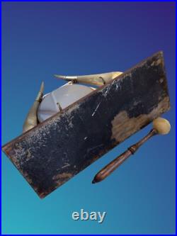 Antique Edwardian English Dinner Gong Horn Brass Oak Plinth Brass/ Gold Vintage