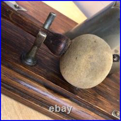 Antique Edwardian English Dinner Gong Horn Brass Oak Plinth Brass/ Gold Vintage