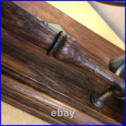 Antique Edwardian English Dinner Gong Horn Brass Oak Plinth Brass/ Gold Vintage