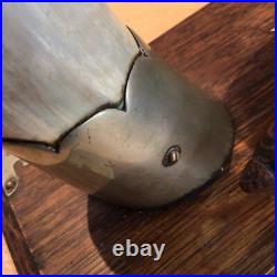 Antique Edwardian English Dinner Gong Horn Brass Oak Plinth Brass/ Gold Vintage