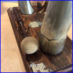 Antique Edwardian English Dinner Gong Horn Brass Oak Plinth Brass/ Gold Vintage