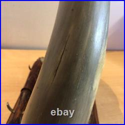 Antique Edwardian English Dinner Gong Horn Brass Oak Plinth Brass/ Gold Vintage