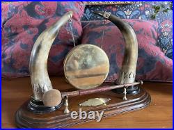 Antique Edwardian English Dinner Gong Horn Brass Oak Plinth White Metal Vintage
