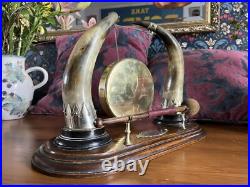 Antique Edwardian English Dinner Gong Horn Brass Oak Plinth White Metal Vintage