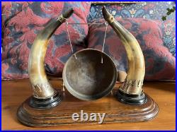 Antique Edwardian English Dinner Gong Horn Brass Oak Plinth White Metal Vintage