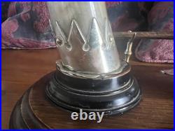 Antique Edwardian English Dinner Gong Horn Brass Oak Plinth White Metal Vintage