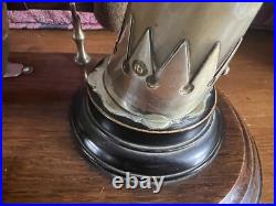 Antique Edwardian English Dinner Gong Horn Brass Oak Plinth White Metal Vintage