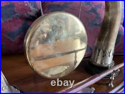 Antique Edwardian English Dinner Gong Horn Brass Oak Plinth White Metal Vintage