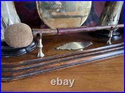 Antique Edwardian English Dinner Gong Horn Brass Oak Plinth White Metal Vintage