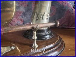 Antique Edwardian English Dinner Gong Horn Brass Oak Plinth White Metal Vintage