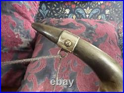 Antique Edwardian English Dinner Gong Horn Brass Oak Plinth White Metal Vintage