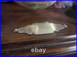 Antique Edwardian English Dinner Gong Horn Brass Oak Plinth White Metal Vintage