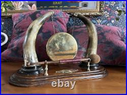 Antique Edwardian English Dinner Gong Horn Brass Oak Plinth White Metal Vintage