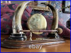 Antique Edwardian English Dinner Gong Horn Brass Oak Plinth White Metal Vintage