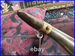 Antique Edwardian English Dinner Gong Horn Brass Oak Plinth White Metal Vintage