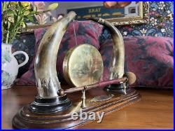 Antique Edwardian English Dinner Gong Horn Brass Oak Plinth White Metal Vintage