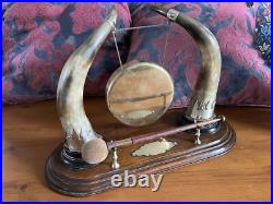 Antique Edwardian English Dinner Gong Horn Brass Oak Plinth White Metal Vintage