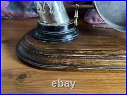 Antique Edwardian English Dinner Gong Horn Brass Oak Plinth White Metal Vintage