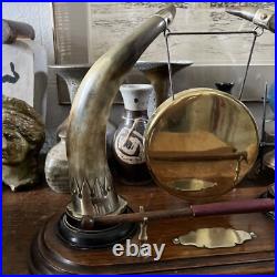 Antique Edwardian English Dinner Gong Horn Brass Oak Plinth White Metal Vintage