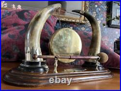 Antique Edwardian English Dinner Gong Horn Brass Oak Plinth White Metal Vintage