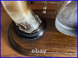 Antique Edwardian English Dinner Gong Horn Brass Oak Plinth White Metal Vintage