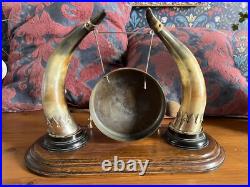 Antique Edwardian English Dinner Gong Horn Brass Oak Plinth White Metal Vintage