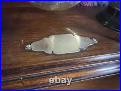 Antique Edwardian English Dinner Gong Horn Brass Oak Plinth White Metal Vintage