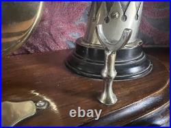 Antique Edwardian English Dinner Gong Horn Brass Oak Plinth White Metal Vintage