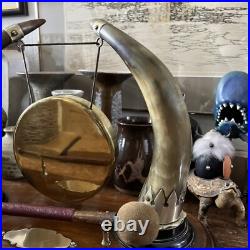 Antique Edwardian English Dinner Gong Horn Brass Oak Plinth White Metal Vintage