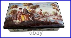 Antique English Battersea Bilston Enamel Table Snuff Box with Pastoral Scene Lid