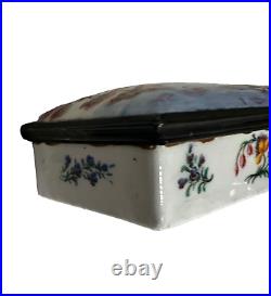 Antique English Battersea Bilston Enamel Table Snuff Box with Pastoral Scene Lid