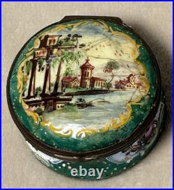 Antique English Bilston Battersea Enamel Snuff Trinket Box Lovely Scene READ 18C