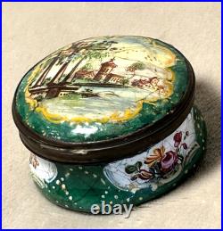 Antique English Bilston Battersea Enamel Snuff Trinket Box Lovely Scene READ 18C