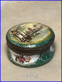 Antique English Bilston Battersea Enamel Snuff Trinket Box Lovely Scene READ 18C