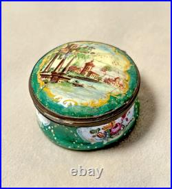 Antique English Bilston Battersea Enamel Snuff Trinket Box Lovely Scene READ 18C