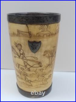 Antique English Bone  cup glass bottom Hand carved hunting scene Dated 1852