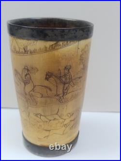 Antique English Bone  cup glass bottom Hand carved hunting scene Dated 1852
