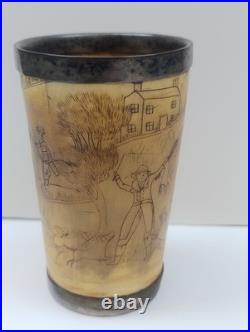 Antique English Bone  cup glass bottom Hand carved hunting scene Dated 1852