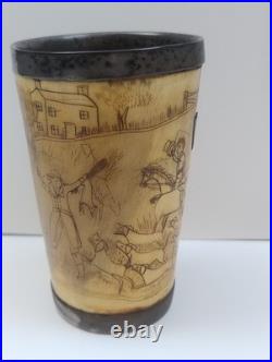 Antique English Bone  cup glass bottom Hand carved hunting scene Dated 1852