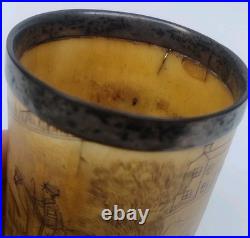 Antique English Bone  cup glass bottom Hand carved hunting scene Dated 1852